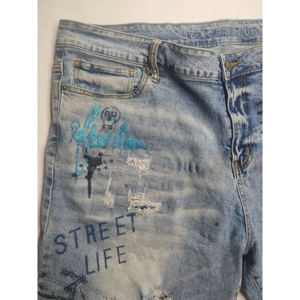 🔥 Rutherford • Distressed Graffiti Denim Slim Fit Blue Jeans Shorts • Men’s 38